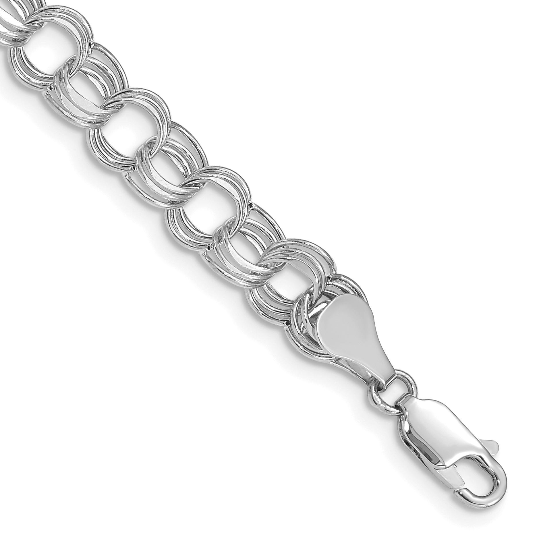 14k White Gold 7.5mm Hollow Triple Link 7.25 inch Charm Bracelet (WST1-7.25)