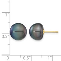 14K Yellow Gold 10-11mm Black Button Freshwater Cultured Pearl Stud Post Earrings view 4
