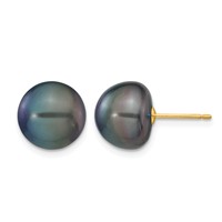 14K Yellow Gold 10-11mm Black Button Freshwater Cultured Pearl Stud Post Earrings view 1