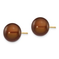 14K Yellow Gold 10-11mm Brown Button Freshwater Cultured Pearl Stud Post Earrings view 2