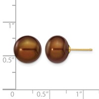 14K Yellow Gold 10-11mm Brown Button Freshwater Cultured Pearl Stud Post Earrings view 4