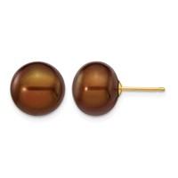 14K Yellow Gold 10-11mm Brown Button Freshwater Cultured Pearl Stud Post Earrings view 1