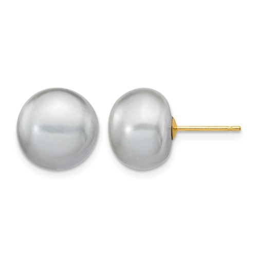 14K Yellow Gold 10-11mm Grey Button Freshwater Cultured Pearl Stud Post Earrings