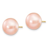 14K Yellow Gold 10-11mm Pink Button Freshwater Cultured Pearl Stud Post Earrings view 2