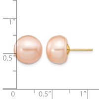 14K Yellow Gold 10-11mm Pink Button Freshwater Cultured Pearl Stud Post Earrings view 4