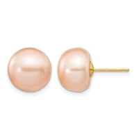 14K Yellow Gold 10-11mm Pink Button Freshwater Cultured Pearl Stud Post Earrings view 1