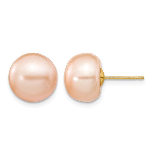 14K Yellow Gold 10-11mm Pink Button Freshwater Cultured Pearl Stud Post Earrings