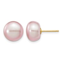 14K Yellow Gold 10-11mm Purple Button Freshwater Cultured Pearl Stud Post Earrings view 1