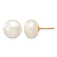 14K Yellow Gold 10-11mm White Button Freshwater Cultured Pearl Stud Post Earrings view 1