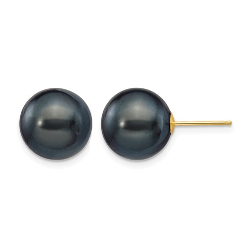 14K Yellow Gold 10-11mm Black Round Freshwater Cultured Pearl Stud Post Earrings
