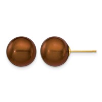 14K 10-11mm Brown Round Freshwater Cultured Pearl Stud Post Earrings view 1
