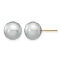 14K Yellow Gold 10-11mm Grey Round Freshwater Cultured Pearl Stud Post Earrings view 1