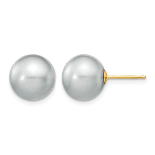 14K Yellow Gold 10-11mm Grey Round Freshwater Cultured Pearl Stud Post Earrings