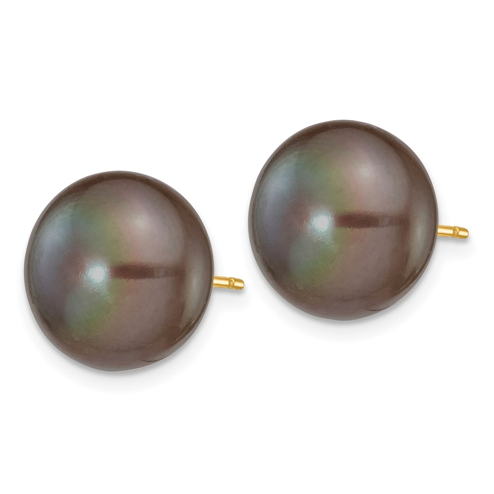 14k 11-12mm Black Button Freshwater Cultured Pearl Stud Post Earrings (X110BB)