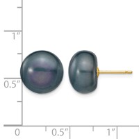 14K Yellow Gold 11-12mm Black Button Freshwater Cultured Pearl Stud Post Earrings view 4