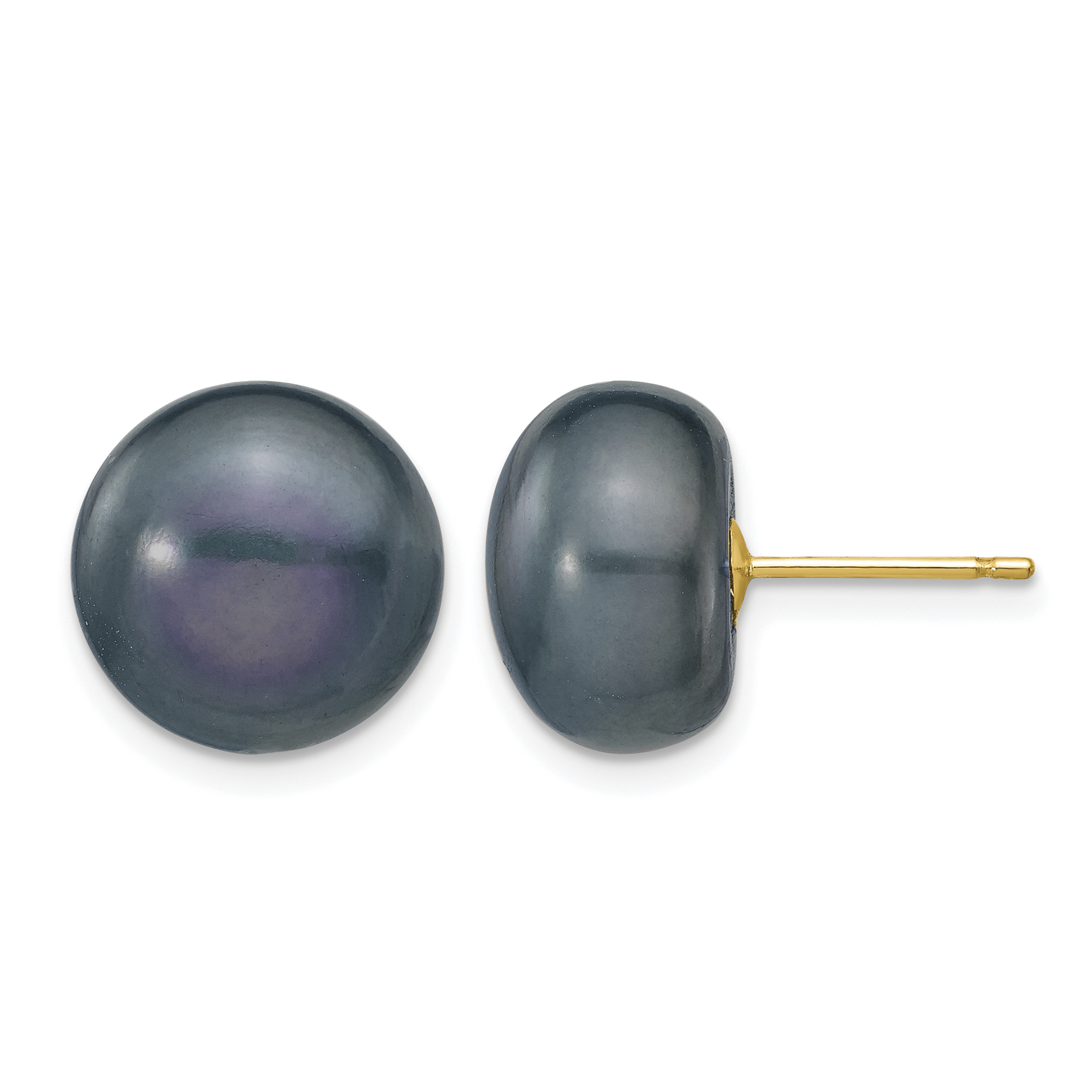 14k 11-12mm Black Button Freshwater Cultured Pearl Stud Post Earrings (X110BB)