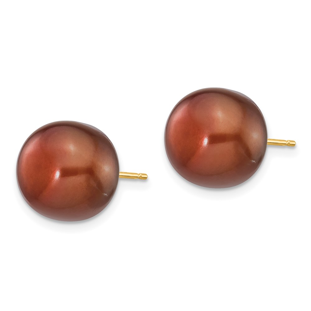 14k 11-12mm Brown Button Freshwater Cultured Pearl Stud Post Earrings (X110BC)