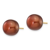 14K Yellow Gold 11-12mm Brown Button Freshwater Cultured Pearl Stud Post Earrings view 2