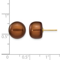 14K Yellow Gold 11-12mm Brown Button Freshwater Cultured Pearl Stud Post Earrings view 4