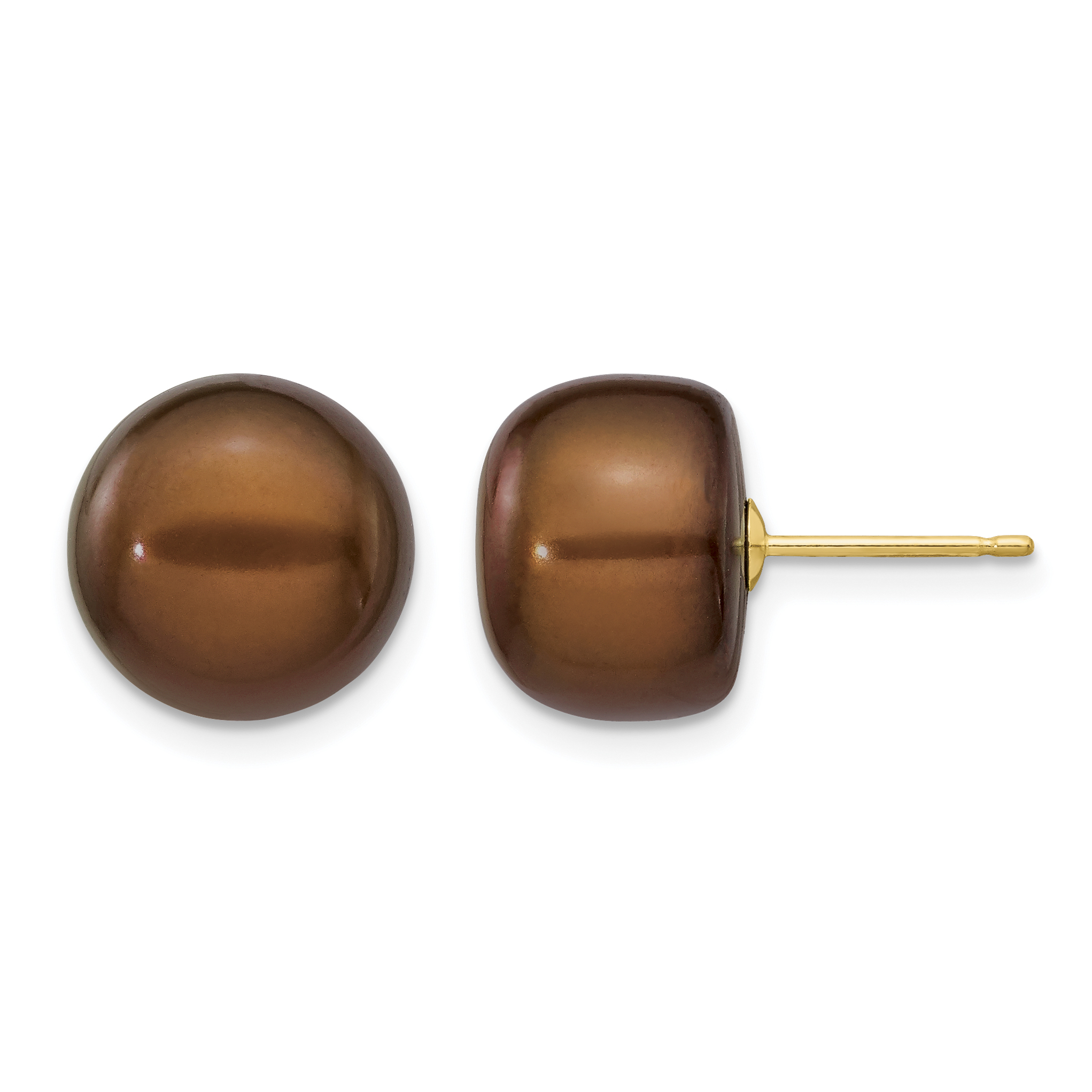 14k 11-12mm Brown Button Freshwater Cultured Pearl Stud Post Earrings (X110BC)