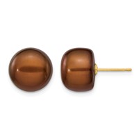 14K Yellow Gold 11-12mm Brown Button Freshwater Cultured Pearl Stud Post Earrings view 1