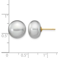 14K Yellow Gold 11-12mm Grey Button Freshwater Cultured Pearl Stud Post Earrings view 4