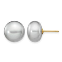 14K Yellow Gold 11-12mm Grey Button Freshwater Cultured Pearl Stud Post Earrings view 1