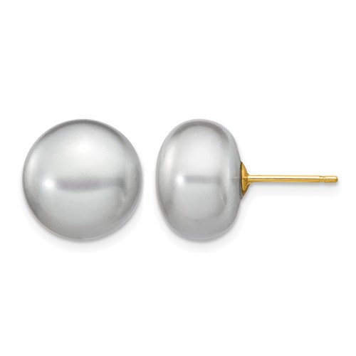 14K Yellow Gold 11-12mm Grey Button Freshwater Cultured Pearl Stud Post Earrings