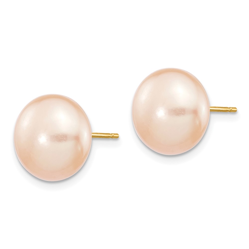 14k 11-12mm Pink Button Freshwater Cultured Pearl Stud Post Earrings (X110BPI)