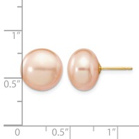 14K Yellow Gold 11-12mm Pink Button Freshwater Cultured Pearl Stud Post Earrings view 4