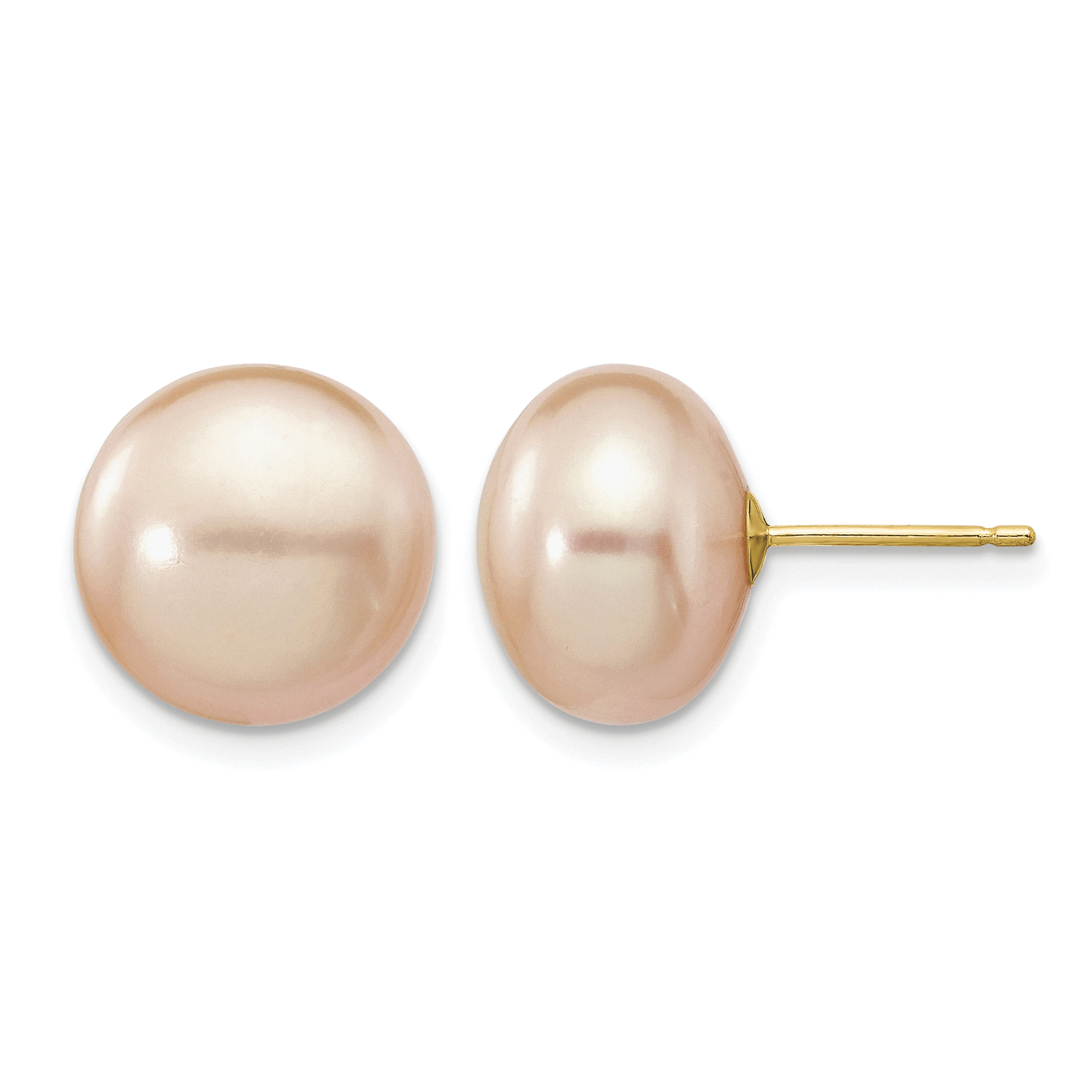14k 11-12mm Pink Button Freshwater Cultured Pearl Stud Post Earrings (X110BPI)