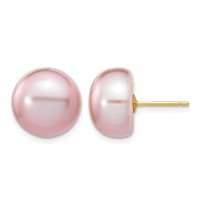 14K Yellow Gold 11-12mm Purple Button Freshwater Cultured Pearl Stud Post Earrings view 1