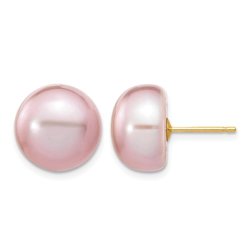 14K Yellow Gold 11-12mm Purple Button Freshwater Cultured Pearl Stud Post Earrings