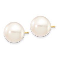 14K Yellow Gold 11-12mm White Button Freshwater Cultured Pearl Stud Post Earrings view 2