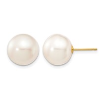 14K Yellow Gold 11-12mm White Button Freshwater Cultured Pearl Stud Post Earrings view 1