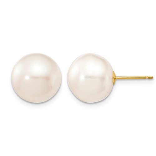 14K Yellow Gold 11-12mm White Button Freshwater Cultured Pearl Stud Post Earrings