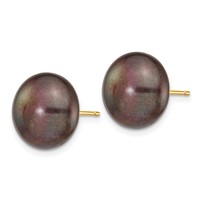 14K Yellow Gold 12-13mm Black Button Freshwater Cultured Pearl Stud Post Earrings view 2