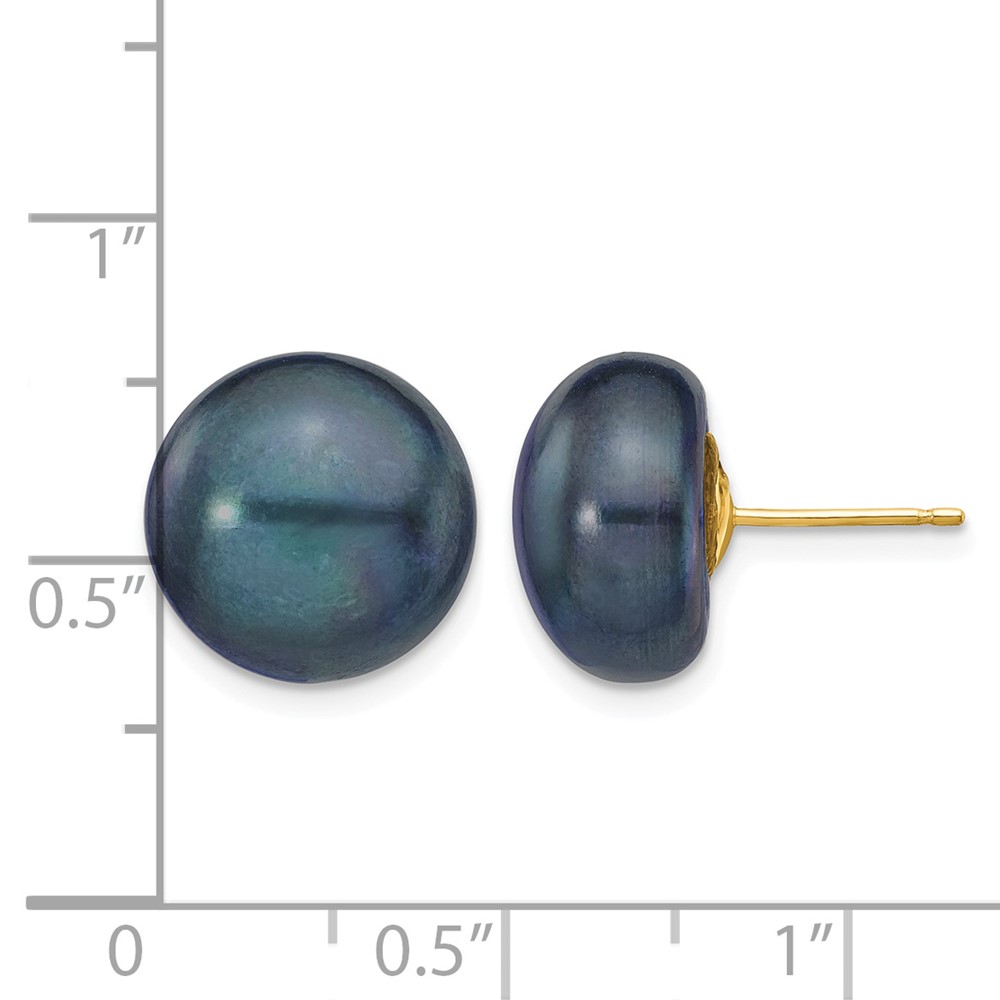 14k 12-13mm Black Button Freshwater Cultured Pearl Stud Post Earrings (X120BB)