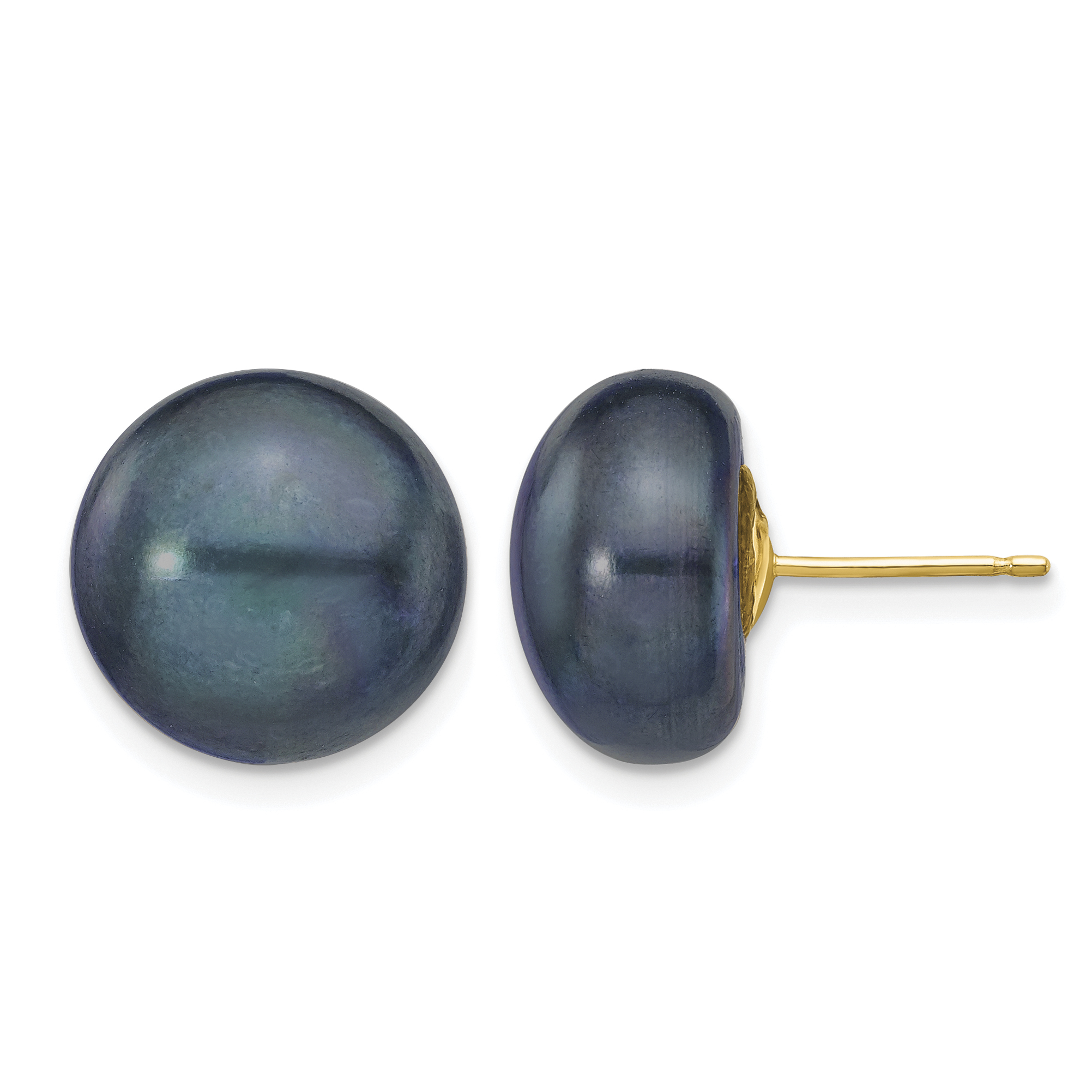 14k 12-13mm Black Button Freshwater Cultured Pearl Stud Post Earrings (X120BB)