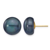 14K Yellow Gold 12-13mm Black Button Freshwater Cultured Pearl Stud Post Earrings view 1