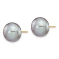 14K Yellow Gold 12-13mm Grey Button Freshwater Cultured Pearl Stud Post Earrings view 2