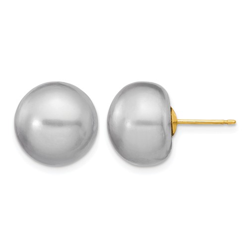 14K Yellow Gold 12-13mm Grey Button Freshwater Cultured Pearl Stud Post Earrings