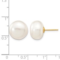 14K Yellow Gold 12-13mm White Button Freshwater Cultured Pearl Stud Post Earrings view 4