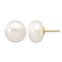14K Yellow Gold 12-13mm White Button Freshwater Cultured Pearl Stud Post Earrings view 1