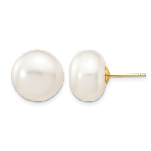 14K Yellow Gold 12-13mm White Button Freshwater Cultured Pearl Stud Post Earrings