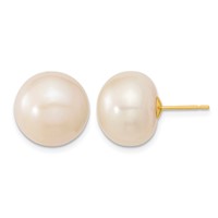 14K 13-14mm White Button Freshwater Cultured Pearl Stud Post Earrings view 1