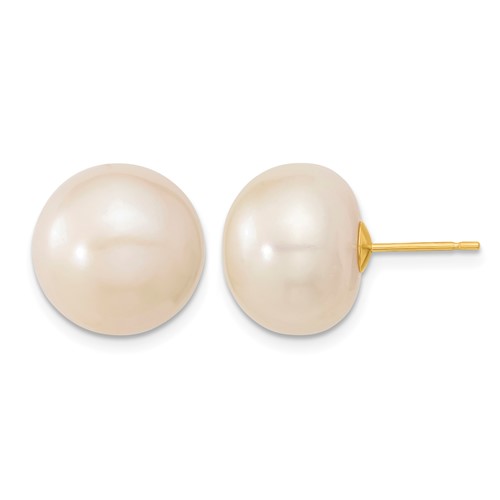 14K Yellow Gold 13-14mm White Button Freshwater Cultured Pearl Stud Post Earrings