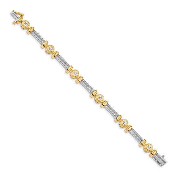 14k Two-tone Holds 1.4 carat 6-3.9mm Round Diamond Bezel and Twisted Bar 7 inch Bracelet Mounting