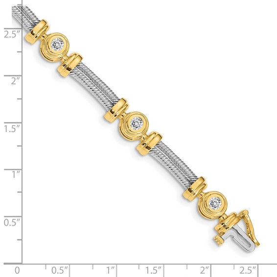 14k Two-tone Holds 1.4 carat 6-3.9mm Round Diamond Bezel and Twisted Bar 7 inch Bracelet Mounting