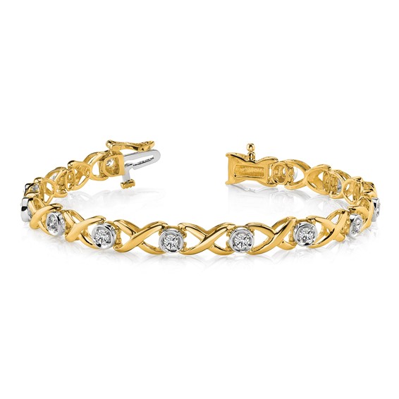14k Two-tone Holds 1 carat 14-2.6mm Round Diamond 4-prong X-design 7 inch Tennis Bracelet Mounting